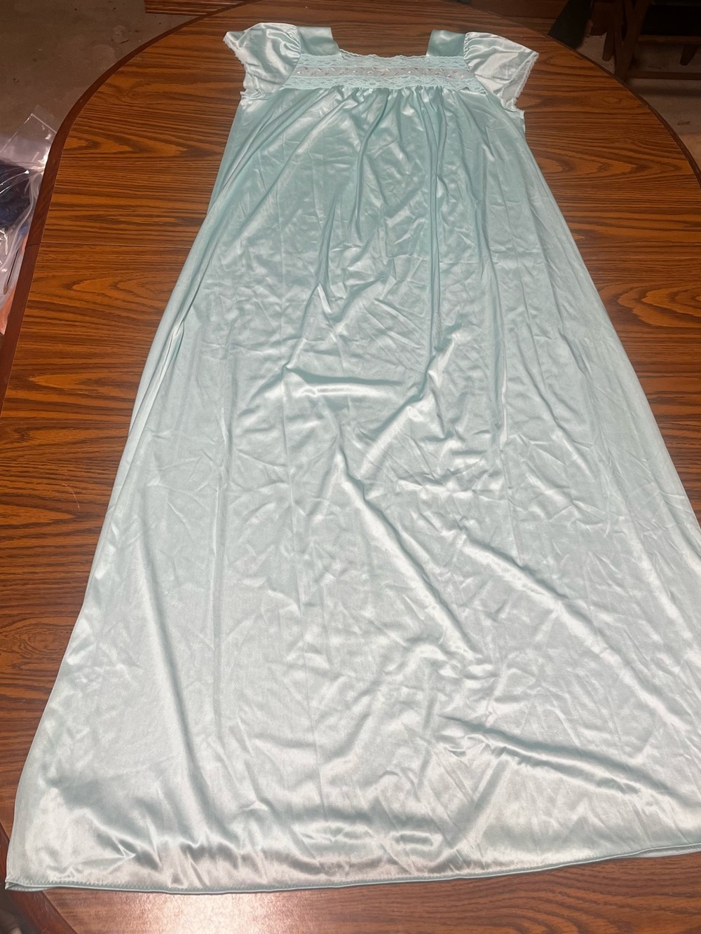 Vanity Fair Pale Aqua Satin Gown with Lace Trim Size Small